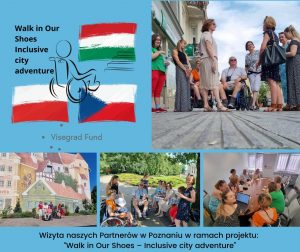 A photo montage of the participant s of the tour in Poznan. There is a small group a people on all photos, two of them are in a wheelchair.